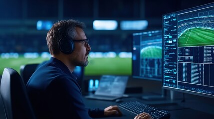 Sports Analyst Working with Advanced Technology at the Stadium Analyzing Game Statistics and Performance Data