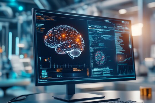 A brain scan image lit up with active regions in a futuristic medical lab, representing high IQ and learning ability