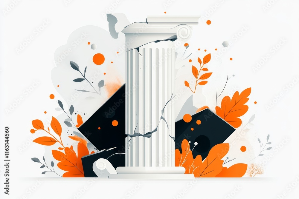 Poster A clean flat design of a broken ionic column, with subtle cracks and vines growing around it, on a white background