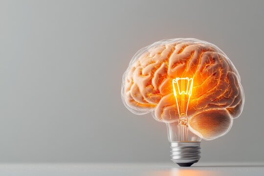 A clean design of a human brain with a single glowing lightbulb inside, symbolizing high IQ