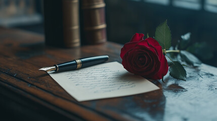 A love letter with a classic fountain pen on an antique wooden desk, with a single red rose beside it.