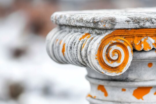 A close-up of a partially ruined ionic capital, showing cracks and patina from centuries of weathering