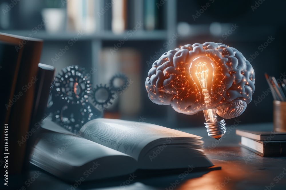 Poster a colorful 2d illustration of a glowing brain with connected symbols of intelligence like books, gea