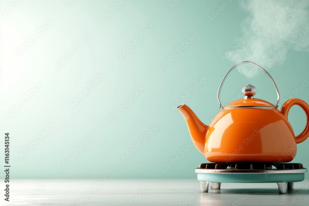 Poster a colorful 2d illustration of an iron kettle steaming on a rustic stove, set against a clean white b
