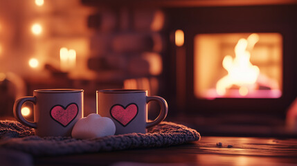 A cozy living room corner with a fireplace, where two mugs of hot cocoa sit beside a heart-shaped marshmallow.