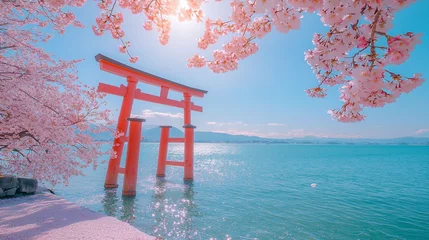 Fotobehang 海に浮かぶ鳥居と桜の風景 © Rossi0917