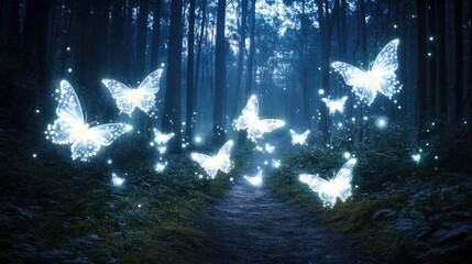 Fototapeta premium A mystical forest scene with glowing butterflies illuminating a dark path.