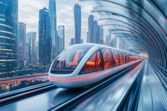 A conceptual hyperloop train racing through a vacuum tube, symbolizing the future of transportation
