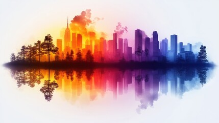 Fototapeta premium Vibrant city skyline reflection at sunset.