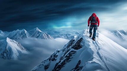 Adventurer Climbs Majestic Snowy Mountain Peak Beneath Starry Sky and Aurora Borealis in Winter Wonderland