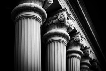 A dramatic black-and-white photograph of ionic columns, emphasizing their timeless elegance through strong contrasts