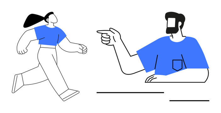 Two characters engage dynamically. Man points right with assertive gesture while woman walks left confidently. Ideal for communication, direction, interaction, leadership, decision-making, teamwork