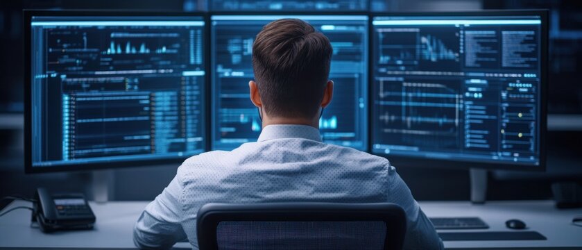 Professional analyst working with multiple computer monitors in dark office environment with data visualizations
