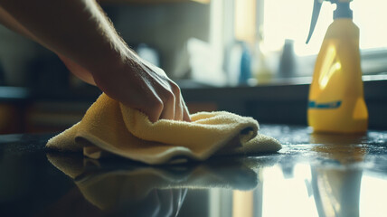 A person wipes down kitchen counters with a cloth, showcasing cleanliness and attention to detail in maintaining a tidy and organized kitchen space.