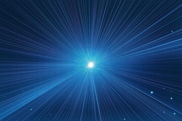 Radiant blue starburst design. Powerful light rays radiate from central point. Abstract cosmic energy burst. Illustrative digital art. Many bright light rays creating dazzling visual effect. Perfect