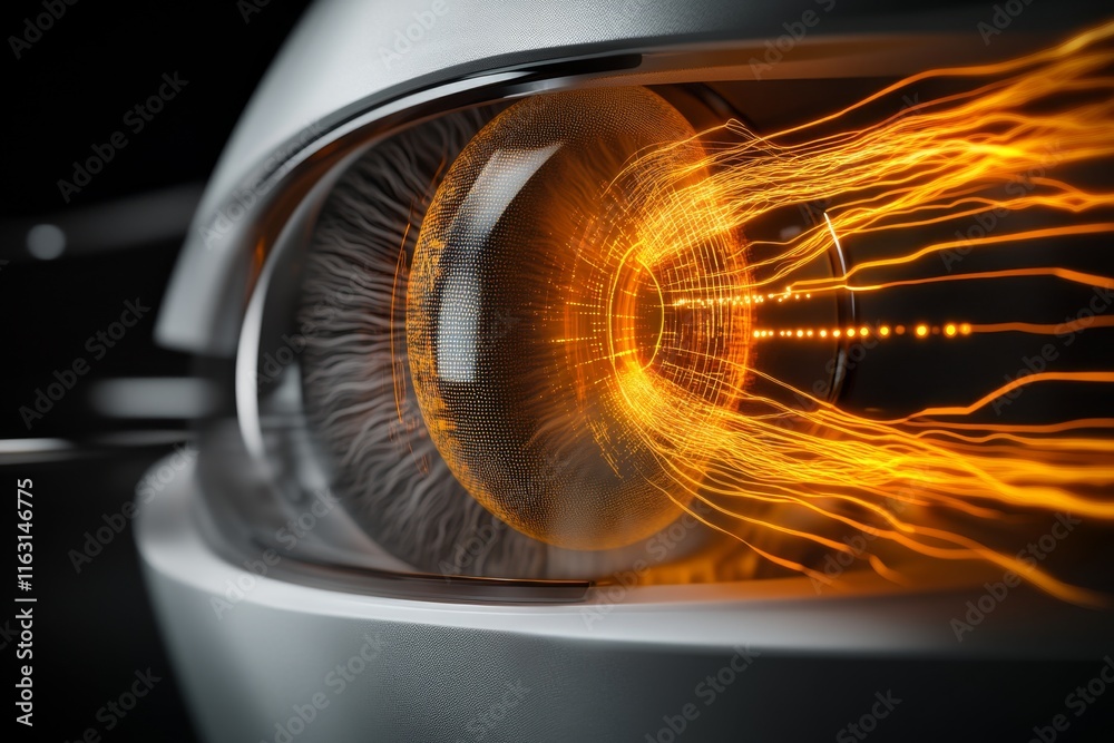 Poster a futuristic 3d iris recognition device scanning a holographic eye with dynamic, glowing overlays
