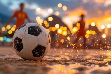 Fototapeta premium A friendly soccer match played on Ipanema Beach, with animated players and a lively crowd watching from the sidelines