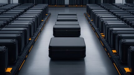 Fototapeta premium Rows of Black Suitcases on Modern Warehouse Floor with Industrial Design and Soft Lighting