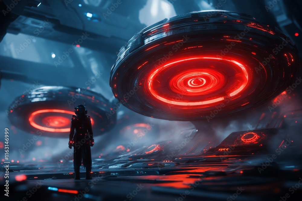 Poster A futuristic laboratory scene where a scientist analyzes glowing ions in a high-tech containment field