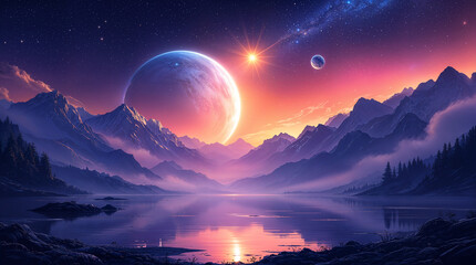 Celestial Mountainscape Two Planets, Stars, Lake, Serenity