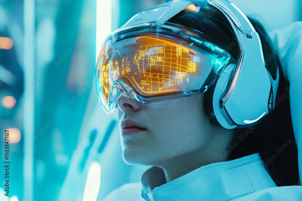 Poster a futuristic scene of a person connected to a holographic neural interface, with iq puzzles projecte