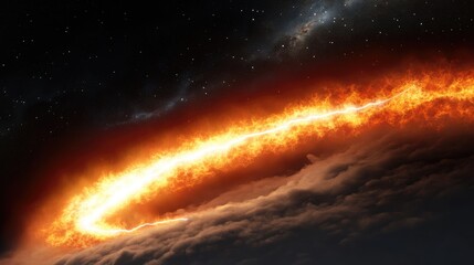 A fiery cosmic phenomenon illuminated against a dark starry background.