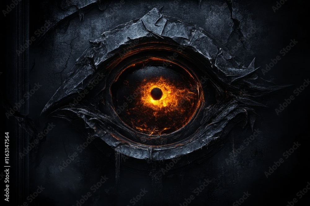 Poster A gothic depiction of a mysterious eye with a glowing golden iris, surrounded by dark shadows and ornate patterns