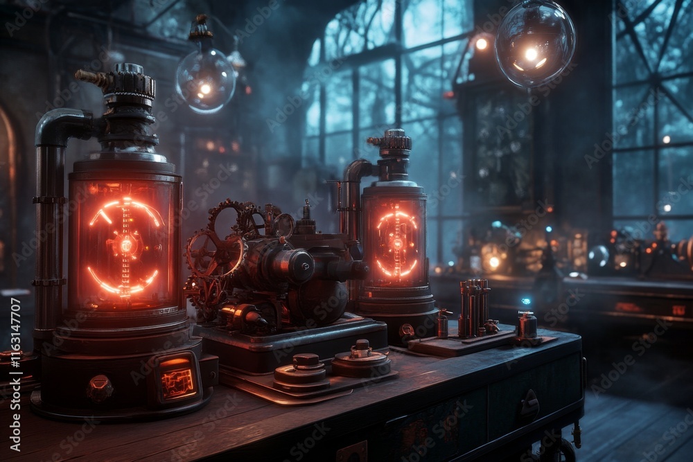 Poster A gothic-inspired lab where a scientist is creating glowing, mysterious devices in the shadows of ancient machinery