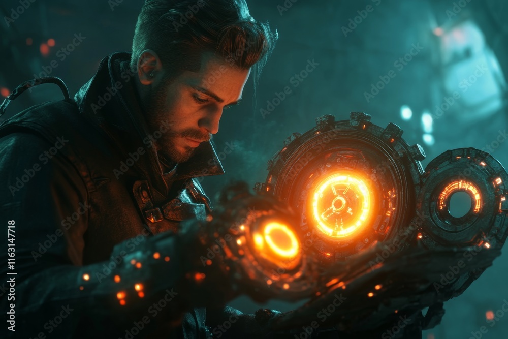 Poster A gothic-inspired lab where a scientist is creating glowing, mysterious devices in the shadows of ancient machinery