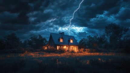 A dramatic scene of a house illuminated by lightning against a stormy sky.