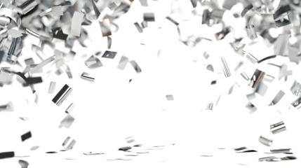 Silver confetti falling, isolated on white background 