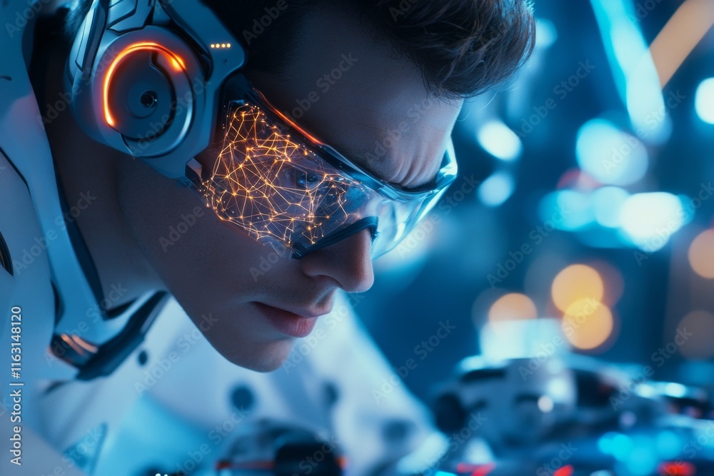 Poster A hyper-realistic scene of a scientist using an advanced AI system, with glowing neural networks and detailed machinery