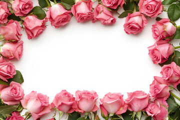 A white background surrounded by pink roses with empty space for text, logo, and own design placement