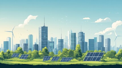 Fototapeta premium Green City Skyline with Solar Panels and Wind Turbines in View