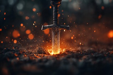 A magical iron sword glowing with runes, being forged by an enchanted blacksmith in a mystical forge