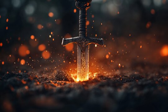 A magical iron sword glowing with runes, being forged by an enchanted blacksmith in a mystical forge
