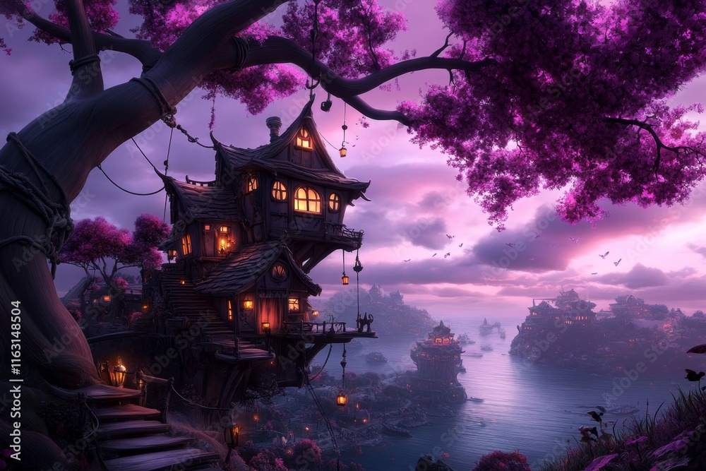 Poster A magical temple supported by glowing ionic columns that emit an ethereal light, surrounded by floating islands