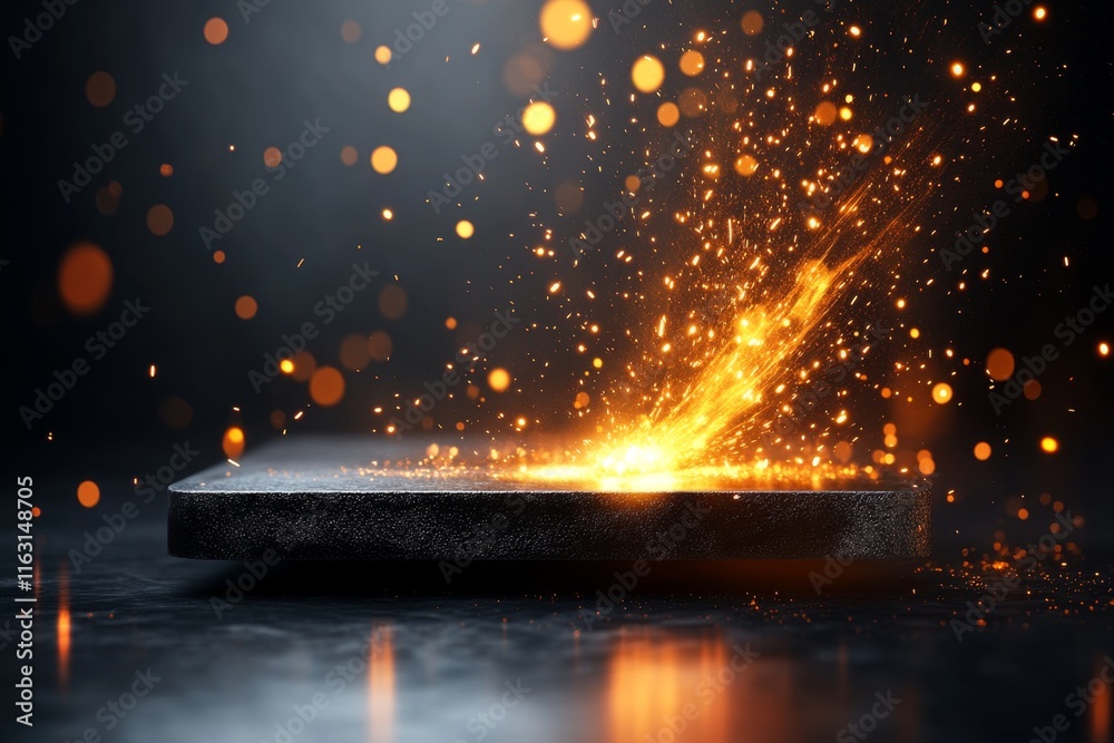 Poster A minimalist flat design of an iron bar with simple glowing sparks emanating from one end