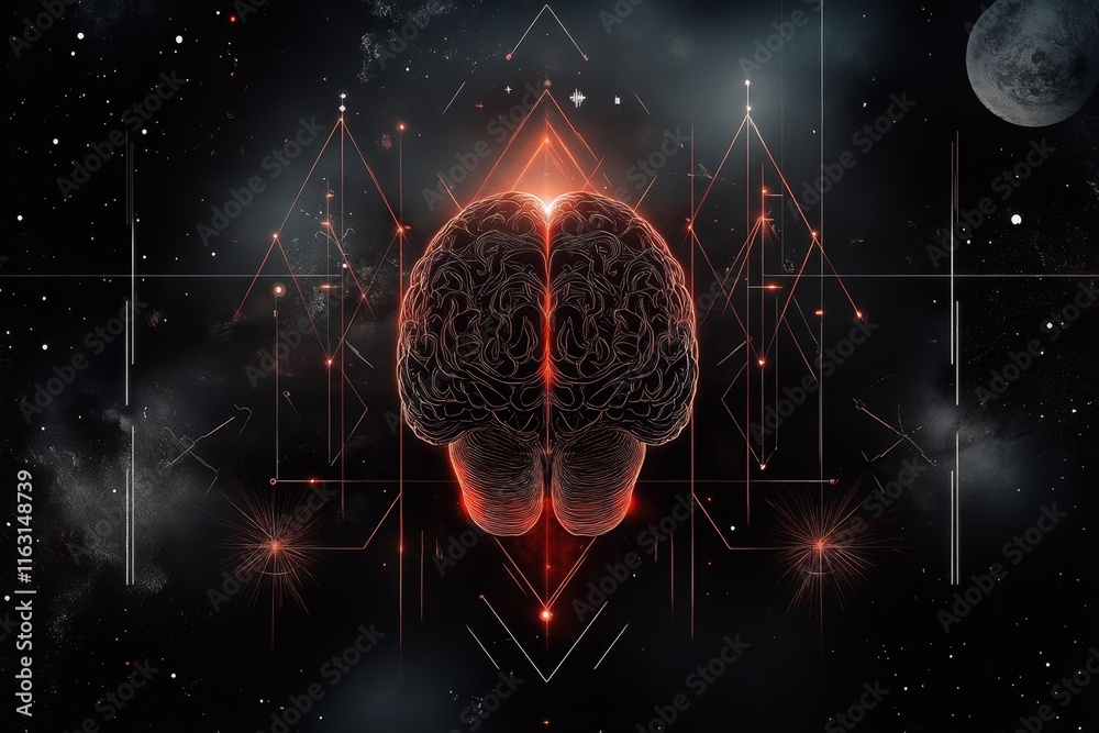 Poster A minimalist glowing brain design surrounded by geometric shapes and light gradients, symbolizing IQ and intelligence