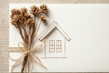 A minimalist housewarming invitation featuring a simple house outline and warm, inviting typography