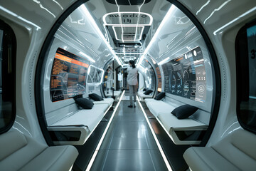 Futuristic Empty modern autonomous train interior with luxury design traveling on elevated track in modern city.