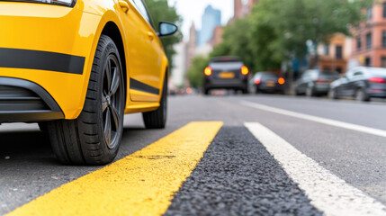 Obraz premium A brightly colored yellow car parked alone on the side of a quiet road, symbolizing freedom - Transportation