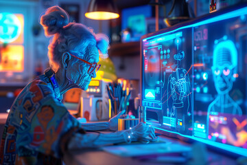 Senior artist woman creating digital art design on computer multiple holographic display in futuristic workplace at night. Creativity work graphic.	
