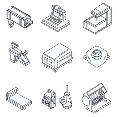 Isometric illustrations of various industrial machines and equipment.