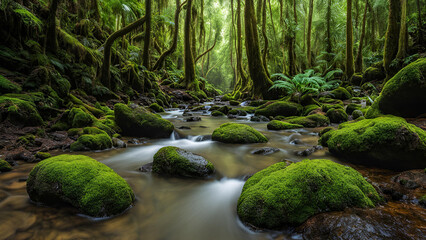 A rivulet situated in a lush rainforest environment