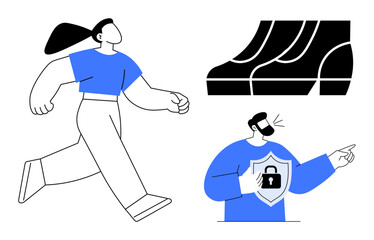 Person walking energetically, individual pointing with a shield bearing a lock icon, and steps. Ideal for leadership, security, progress, motivation, direction achievement empowerment. Abstract
