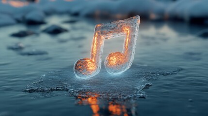 A glowing ice music note floats on water, creating a serene and artistic scene that combines...