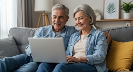 Happy senior couple using laptop at home on cozy sofa