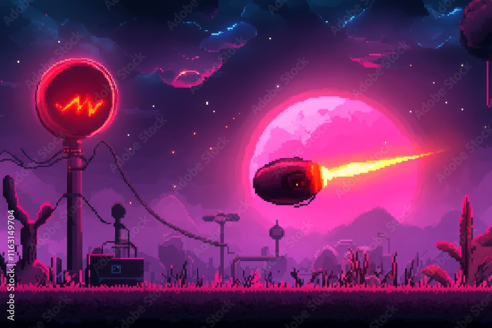Poster a pixel art depiction of a glowing ion interacting with a futuristic energy system, in a retro video
