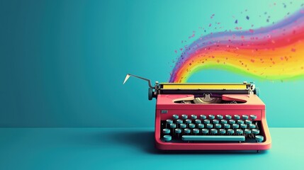 A vibrant retro typewriter with colorful splash, symbolizing creative thoughts and inspiration in writing and art.